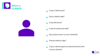 Sobre o
CLIENTE
20
O que o cliente quer?
Qual o objetivo dele?
O que ele busca?
O que é sucesso para ele?
Seu produto é bom ou é só marketing?
Precisa melhorar algo?
O que o cliente espera do relacionamento entre
marca e clientes?
 