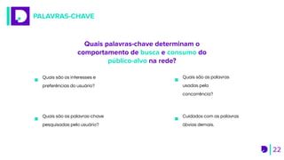 PALAVRAS-CHAVE
22
Cuidados com as palavras
óbvias demais.
Quais são os interesses e
preferências do usuário?
Quais são as palavras
usadas pela
concorrência?
Quais são as palavras-chave
pesquisadas pelo usuário?
Quais palavras-chave determinam o
comportamento de busca e consumo do
público-alvo na rede?
 