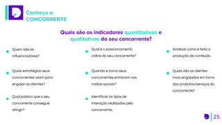 Conheça o
CONCORRENTE
25
Quais são os indicadores quantitativos e
qualitativos do seu concorrente?
Analisar como é feita a
produção de conteúdo.
Quem são os
influenciadores?
Qual é o posicionamento
online do seu concorrente?
Quais estratégias seus
concorrentes usam para
engajar os clientes?
Quando e como seus
concorrentes entraram nas
mídias sociais?
Identificar os tipos de
interação realizadas pelo
concorrente;
Quais são os clientes
mais engajados em torno
dos produtos/serviços do
concorrente?
Qual público que o seu
concorrente consegue
atingir?
 