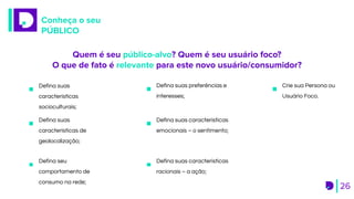 Conheça o seu
PÚBLICO
26
Quem é seu público-alvo? Quem é seu usuário foco?
O que de fato é relevante para este novo usuário/consumidor?
Crie sua Persona ou
Usuário Foco.
Defina suas
características
socioculturais;
Defina suas preferências e
interesses;
Defina suas
características de
geolocalização;
Defina suas características
emocionais – o sentimento;
Defina suas características
racionais – a ação;
Defina seu
comportamento de
consumo na rede;
 