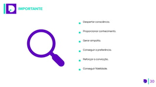 IMPORTANTE
30
Despertar consciência.
Proporcionar conhecimento.
Gerar simpatia.
Conseguir a preferência.
Reforçar a convicção.
Conseguir fidelidade.
 