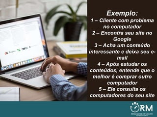 Exemplo:
1 – Cliente com problema
no computador
2 – Encontra seu site no
Google
3 – Acha um conteúdo
interessante e deixa seu e-
mail
4 – Após estudar os
conteúdos, entende que o
melhor é comprar outro
computador
5 – Ele consulta os
computadores do seu site
 