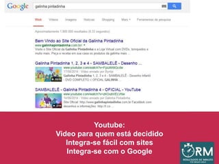 Youtube:
Video para quem está decidido
Integra-se fácil com sites
Integra-se com o Google
 