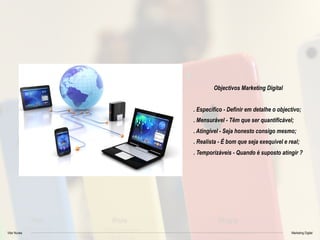 Vitor Nunes Marketing Digital
Objectivos Marketing Digital
. Específico - Definir em detalhe o objectivo;
. Mensurável - Têm que ser quantificável;
. Atingível - Seja honesto consigo mesmo;
. Realista - É bom que seja exequível e real;
. Temporizáveis - Quando é suposto atingir ?
 