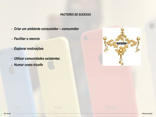 Vitor Nunes Marketing Digital
FACTORES DE SUCESSO
- Criar um ambiente consumidor – consumidor
- Facilitar o reenvio
- Explorar motivações
- Utilizar comunidades existentes
- Humor como triunfo
 