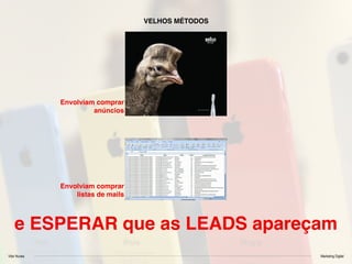Vitor Nunes Marketing Digital
VELHOS MÉTODOS
Envolviam comprar
anúncios
Envolviam comprar
listas de mails
e ESPERAR que as LEADS apareçam
 