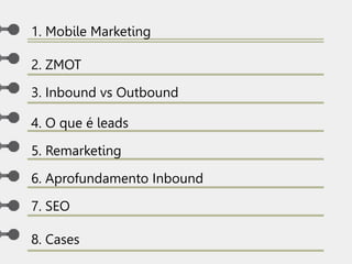 1. Mobile Marketing
2. ZMOT
3. Inbound vs Outbound
4. O que é leads
5. Remarketing
6. Aprofundamento Inbound
7. SEO
8. Cases
 