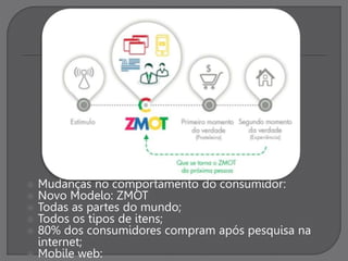  Mudanças no comportamento do consumidor:
 Novo Modelo: ZMOT
 Todas as partes do mundo;
 Todos os tipos de itens;
 80% dos consumidores compram após pesquisa na
internet;
 Mobile web:
 
