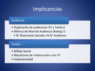 Implicancias
• Duplicación de audiencias (TV y Twitter)
• Métrica de Nivel de Audiencia (Rating ?)
• N° Reacciones Sociales VS N° Auditores
Audiencia
• Reflejo Social
• Mecanismo de «interacción» con TV
• Instantaneidad
Twitter
 