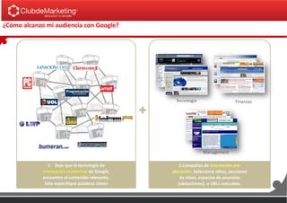 ¿Cómo alcanzo mi audiencia con Google?
+
2.Campañas de orientación por
ubicación. Seleccione sitios, secciones
de sitios, espacios de anuncios
(ubicaciones), o URLs concretas.
Management
Tecnología Finanzas
1. Deje que la tecnología de
orientación contextual de Google,
encuentre el contenido relevante.
Sólo especifique palabras claves
 