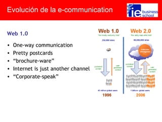Web 1.0
Evolución de la e-communication
• One-way communication
• Pretty postcards
• “brochure-ware”
• Internet is just another channel
• “Corporate-speak”
 