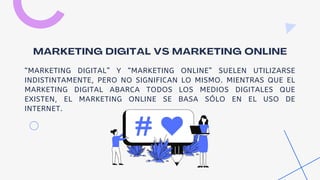 MARKETING DIGITAL VS MARKETING ONLINE
“MARKETING DIGITAL” Y “MARKETING ONLINE” SUELEN UTILIZARSE
INDISTINTAMENTE, PERO NO SIGNIFICAN LO MISMO. MIENTRAS QUE EL
MARKETING DIGITAL ABARCA TODOS LOS MEDIOS DIGITALES QUE
EXISTEN, EL MARKETING ONLINE SE BASA SÓLO EN EL USO DE
INTERNET.
 