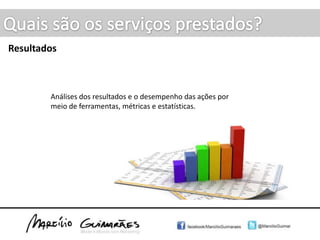 Quais são os serviços prestados?Links patrocinadosCriação de campanhas para promoção do site ou serviços prestados. A marca aparecerá em Resultados de Buscas, em Sites de grande fluxo, Sites Especializados no segmento e Redes Sociais. Toda a campanha será gerenciada, possibilitando atualizações e trocas de anúncios.