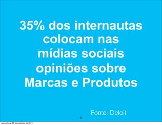 35% dos internautas
                       colocam nas
                      mídias sociais
                      opiniões sobre
                     Marcas e Produtos

                                           Fonte: Deloit
                                       6
quinta-feira, 22 de setembro de 2011
 