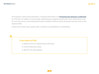 22
Para expandir o alcance das publicações, o Facebook disponibiliza uma ferramenta para alavancar a publicação
(ou “Promote”, em inglês), um recurso pago, disponível para as páginas que têm pelo menos 400 pessoas curtin-
do. Com esse recurso, uma atualização de status é exibida no feed de notícias de pessoas que não veriam o post
organicamente.
Lembre-se de investir nisso quando soltar o material, o custo/benefício é muito benéfico.
Oqueesperaraofinal:
 Material novo no ar disponível para download;
 Email enviado para a base;
 Mais de 100 Leads gerados.
 