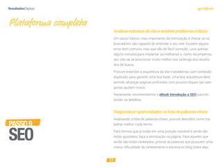 33
PASSO9
SEO
Analisarestruturadositeeresolverproblemascríticos
Um passo básico, mas importante, da otimização é checar se os
buscadores são capazes de entender o seu site. Existem alguns
erros bem comuns, mas que são de fácil correção. Leva apenas
alguns minutos para implantar as melhorias e, como recompensa,
seu site vai se posicionar muito melhor nos rankings dos resulta-
dos de busca.
Procure entender a arquitetura do site e problemas com conteúdo
duplicado para garantir uma boa base. Uma boa arquitetura deve
permitir alcançar páginas profundas com poucos cliques (as cate-
gorias ajudam nisso).
Novamente, recomendamos o eBook Introdução a SEO para en-
tender os detalhes.
Diagnosticaroportunidadesnalistadepalavras-chave
Analisando a lista de palavras-chave, procure descobrir como tra-
balhar melhor cada termo.
Para termos que já estão em uma posição razoável e ainda não
estão ajustados, faça a otimização na página. Para aqueles que
ainda não estão rankeados, priorize as palavras que possuem uma
menor dificuldade de rankeamento e escreva no blog sobre elas.
Plataforma completa
 