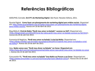 Referências Bibliográficas
ADOLPHO, Conrado. Os 8 P’s do Marketing Digital. São Paulo: Novatec Editora, 2011.
Quartel Digital. Como fazer um planejamento de marketing digital para mídias sociais. Disponível
em: http://www.quarteldigital.com.br/saiba-como-fazer-um-planejamento-de-marketing-digital-
para-midias-sociais/. Acesso em 20 de Abril de 2013
Blog Mídia 8, Viral da Nokia “Perdi meu amor na balada”: sucesso ou fail?. Disponível em:
<http://blogmidia8.com/2012/07/viral-da-nokia-perdi-meu-amor-na-balada-sucesso-ou-fail.html>.
Acesso dia 20 de abril de 2013.
Economia & Negócios, ‘Perdi meu amor na balada’ é viral da Nokia. Disponível em:
<http://blogs.estadao.com.br/radar-tecnologico/2012/07/17/perdi-meu-amor-na-balada-e-viral-
da-nokia/>. Acesso dia 20 de abril de 2013.
Veja, Nokia vence caso "Perdi meu Amor na Balada" no Conar. Disponível em:
<http://veja.abril.com.br/noticia/economia/nokia-vence-caso-perdi-meu-amor-na-balada-no-conar
>. Acesso dia 22 de abril de 2013.
Consumidor RS, "Perdi meu amor na balada" leva Nokia ao Procon e ao Conar. Disponível em:
<http://www.consumidor-rs.com.br/rs2/inicial.php?case=2&idnot=22123>. Acesso dia 22 de abril
de 2013.
 