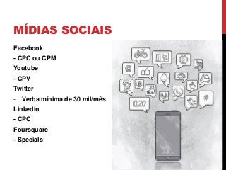 MÍDIAS SOCIAIS
Facebook
- CPC ou CPM
Youtube
- CPV
Twitter
- Verba mínima de 30 mil/mês
Linkedin
- CPC
Foursquare
- Specials
 