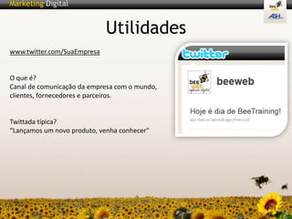 Como funciona?Serviço que permite enviar e ler mensagens, conhecidascomo tweets.Tweetssão posts de mensagens de texto com até 140 caracteres que são  mostradas na página de perfil do autor.:: Os tweets também são entregues a todos os seus seguidores, conhecidos como followers.::  Os tweets podem ser enviados pela web (site do Twitter ou vários outros clients) ou celular (SMS ou web) Os perfis dos usuários podem ser abertos permitindo acesso de  qualquerpessoa, ou fechados, de modo que apenas os followers recebam os  tweets. Fonte: Twitter Day – Martha Gabriel – agosto/09 SP