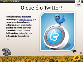 O que é o Twitter?Micro‐blogmais popular do mundo. Serviço gratuito  criado por Jack Dorsey, e lançado em 2006.