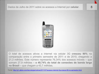 Fonte: http://g1.globo.com/tecnologia/noticia/2011/07/acesso-internet-3g-cresce-90-no-semestre.htmlDados de Julho de 2011 sobreosacessos a Internet porcelular.O total de acessos ativos a internet via celular 3G cresceu 90% na comparação entre o primeiro semestre de 2011 e de 2010, chegando a 21,3 milhões. Este número representa 76,34% dos acessos móveis – que somam 27,9 milhões – e 48,74% do total de conexões de banda larga no Brasil – que chegam a 43,7 milhões.