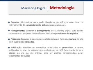 Marketing Digital | Metodologia
Pesquisa: Determinar para onde direcionar os esforços com base no
entendimento do comportamento online dos consumidores.
Planejamento: Elaborar o planejamento de Marketing Digital para definir
como o site da empresa se transformará em uma plataforma de negócios.
Produção: Executar o planejamento elaborado com foco na estrutura do site
e em suas funcionalidades.
Publicação: Escolher os conteúdos otimizados e persuasivos a serem
publicados no site, de acordo com as diretrizes de SEO (otimização de uma
página, ou até do site inteiro, para ser melhor compreendido pelas
ferramentas de busca).
 
