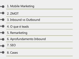 1. Mobile Marketing
2. ZMOT
3. Inbound vs Outbound
4. O que é leads
5. Remarketing
6. Aprofundamento Inbound
7. SEO
8. Cas...
