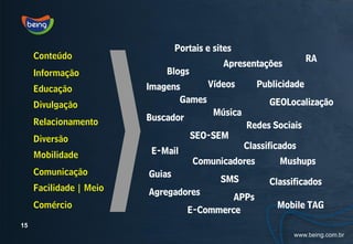 Portais e sites
     Conteúdo                                                       RA
                                             Apresentações
     Informação              Blogs
                         Imagens      Vídeos          Publicidade
     Educação
                                Games                    GEOLocalização
     Divulgação
                                       Música
     Relacionamento      Buscador
                                                   Redes Sociais
     Diversão                        SEO-SEM
                                                   Classificados
     Mobilidade           E-Mail
                                     Comunicadores         Mushups
     Comunicação         Guias
                                             SMS         Classificados
     Facilidade | Meio   Agregadores
                                             APPs
     Comércio                                              Mobile TAG
                                    E-Commerce
15
 