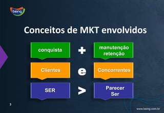 Conceitos de MKT envolvidos
       conquista
                   +   manutenção
                        retenção


        Clientes
                   e   Concorrentes



         SER
                   >     Parecer
                           Ser
3
 
