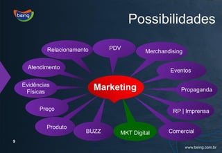 Possibilidades

             Relacionamento      PDV
                                            Merchandising

      Atendimento
                                                    Eventos

    Evidências
     Físicas
                              Marketing                 Propaganda


          Preço                                      RP | Imprensa

            Produto
                          BUZZ     MKT Digital      Comercial 9
9
 