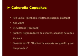 ► Cakerella Cupcakes
• Red Social: Facebook, Twitter, Instagram, Blogspot
• Año 2009
• 51,500 fans (Facebook)
• Público: Organizadores de eventos, usuarios de redes 
sociales
• Filosofía de CC: “Diseños de cupcakes originales y por 
temporadas”
 