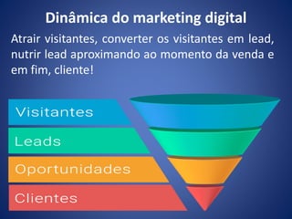 Dinâmica do marketing digital
Atrair visitantes, converter os visitantes em lead,
nutrir lead aproximando ao momento da venda e
em fim, cliente!
 
