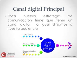 www.ci.com.sv
Canal digital Principal
• Toda nuestra estrategia de
comunicación tiene que tener un
canal digital al cual dirijamos a
nuestra audiencia
Canal
digital
principal
Medios masivos
Relaciones públicas
Buscadores / medios
digitales
 