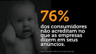 76%
dos consumidores
não acreditam no
que as empresas
dizem em seus
anúncios.
Fonte: Yankelowich, 2006. I am the media, Future Lab.
 