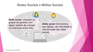 Redes Sociais x Mídias Sociais
Rede social: conjunto ou
grupos de pessoas com
algum padrão de contato
ou interação entre eles.
Mídia social: ferramenta
que agiliza, dá velocidade à
estruturação das redes
sociais.
Profª Clausia Mara Antoneli
 