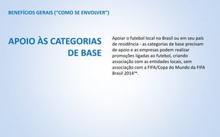 BENEFÍCIOS GERAIS (“COMO SE ENVOLVER”)
Apoiar o futebol local no Brasil ou em seu país
de residência - as categorias de base precisam
de apoio e as empresas podem realizar
promoções ligadas ao futebol, criando
associação com as entidades locais, sem
associação com a FIFA/Copa do Mundo da FIFA
Brasil 2014™.
APOIO ÀS CATEGORIAS
DE BASE
 