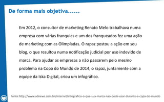 De forma mais objetiva......
Em 2012, o consultor de marketing Renato Melo trabalhava numa
empresa com várias franquias e um dos franqueados fez uma ação
de marketing com as Olimpíadas. O rapaz postou a ação em seu
blog, o que resultou numa notificação judicial por uso indevido de
marca. Para ajudar as empresas a não passarem pelo mesmo
problema na Copa do Mundo de 2014, o rapaz, juntamente com a
equipe da Iska Digital, criou um infográfico.
Fonte:http://www.adnews.com.br/internet/infografico-o-que-sua-marca-nao-pode-usar-durante-a-copa-do-mundo
 