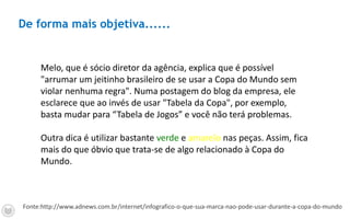 De forma mais objetiva......
Melo, que é sócio diretor da agência, explica que é possível
"arrumar um jeitinho brasileiro de se usar a Copa do Mundo sem
violar nenhuma regra". Numa postagem do blog da empresa, ele
esclarece que ao invés de usar "Tabela da Copa", por exemplo,
basta mudar para “Tabela de Jogos” e você não terá problemas.
Outra dica é utilizar bastante verde e amarelo nas peças. Assim, fica
mais do que óbvio que trata-se de algo relacionado à Copa do
Mundo.
Fonte:http://www.adnews.com.br/internet/infografico-o-que-sua-marca-nao-pode-usar-durante-a-copa-do-mundo
 