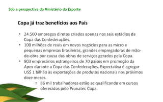 Sob a perspectiva do Ministério do Esporte
Copa já traz benefícios aos País
• 24.500 empregos diretos criados apenas nos seis estádios da
Copa das Confederações.
• 100 milhões de reais em novos negócios para as micro e
pequenas empresas brasileiras, grandes empregadoras de mão-
de-obra por causa das obras de serviços gerados pela Copa.
• 903 empresários estrangeiros de 70 países em promoção da
Apex durante a Copa das Confederações. Expectativa é agregar
US$ 1 bilhão às exportações de produtos nacionais nos próximos
doze meses.
• 86 mil trabalhadores estão se qualificando em cursos
oferecidos pelo Pronatec Copa.
 