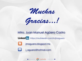 Muchas
Gracias...!
Mtro. Juan Manuel Agüera Castro
jmaguera.blogspot.mx
j_aguera@hotmail.com
https://mx.linkedin.com/in/jmaguera
 