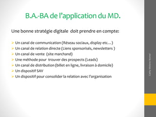 B.A.-BA de l’applicationdu MD.
Une bonne stratégie digitale doit prendre en compte:
 Un canal de communication (Réseau sociaux, display etc…)
 Un canal de relation directe (Liens sponsorisés, newsletters )
 Un canal de vente (site marchand)
 Une méthode pour trouver des prospects (Leads)
 Un canal de distribution (billet en ligne, livraison à domicile)
 Un dispositif SAV
 Un dispositif pour consolider la relation avec l’organisation
CathyMeleneNomel
 