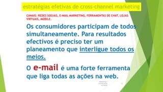 estratégias efetivas de cross-channel marketing
CANAIS: REDES SOCIAIS, E-MAIL MARKETING, FERRAMENTAS DE CHAT, LOJAS
VIRTUAIS, MOBILE.
Os consumidores participam de todos
simultaneamente. Para resultados
efectivos é preciso ter um
planeamento que interligue todos os
meios.
O e-mail é uma forte ferramenta
que liga todas as ações na web.
Marketing e
Comunicação
na Saúde
35
 