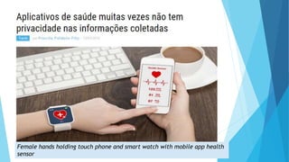 Female hands holding touch phone and smart watch with mobile app health
sensor
 