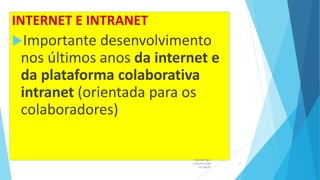 INTERNET E INTRANET
Importante desenvolvimento
nos últimos anos da internet e
da plataforma colaborativa
intranet (orientada para os
colaboradores)
Marketing e
Comunicação
na Saúde
37
 