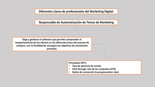 Responsable de Automatización de Tareas de Marketing
Elige y gestiona el software que permite comprender el
comportamiento de los clientes en las diferentes fases del proceso de
compras, con la finalidad de conseguir los objetivos de crecimiento
previstos.
Principales KPI’s:
• Tasa de apertura de emails.
• Click through rate de las campañas (CTR)
• Ratios de conversión (Lead generation rate)
Diferentes clases de profesionales del Marketing Digital:
 
