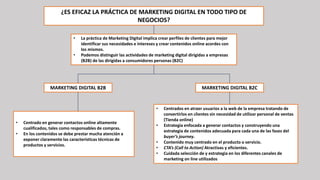 ¿ES EFICAZ LA PRÁCTICA DE MARKETING DIGITAL EN TODO TIPO DE
NEGOCIOS?
• La práctica de Marketing Digital implica crear perfiles de clientes para mejor
identificar sus necesidades e intereses y crear contenidos online acordes con
los mismos.
• Podemos distinguir las actividades de marketing digital dirigidas a empresas
(B2B) de las dirigidas a consumidores personas (B2C)
MARKETING DIGITAL B2B
• Centrado en generar contactos online altamente
cualificados, tales como responsables de compras.
• En los contenidos se debe prestar mucha atención a
exponer claramente las características técnicas de
productos y servicios.
MARKETING DIGITAL B2C
• Centrados en atraer usuarios a la web de la empresa tratando de
convertirlos en clientes sin necesidad de utilizar personal de ventas
(Tienda online)
• Estrategia enfocada a generar contactos y construyendo una
estrategia de contenidos adecuada para cada una de las fases del
buyer’s journey.
• Contenido muy centrado en el producto o servicio.
• CTA’s (Call to Action) Atractivas y eficientes.
• Cuidada selección de y estrategia en los diferentes canales de
marketing on line utilizados
 