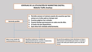VENTAJAS DE LA UTILIZACIÓN DE MARKETING DIGITAL:
Website Traffic Analisys
1. Permite conocer el número exacto de usuarios que han
entran en el sitio web en tiempo real.
2. Cuantas páginas han visitado.
3. Cuanto tiempo permanecen en cada una de ellas.
4. A través de que dispositivos.
5. Qué sitios han visitado anteriormente.
Haciendo posible:
Saber en que canales de
marketing debemos estar
Identificar tendencias y modelos de
comportamiento de los usuarios a través de las
diferentes fases del buyer’s journey
De esta forma podemos tomar decisiones en base a
informaciones contrastadas para atraer a usuarios a
nuestro sitio web justo desde la parte mas alta del
funnel.
 