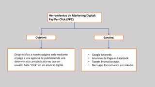 Objetivo: Canales:
Dirigir tráfico a nuestra página web mediante
el pago a una agencia de publicidad de una
determinada cantidad cada vez que un
usuario hace “click” en un anuncio digital.
• Google Adwords
• Anuncios de Pago en Facebook
• Tweets Promocionados
• Mensajes Patrocinados en Linkedin.
Herramientas de Marketing Digital:
Pay Per Click (PPC)
 