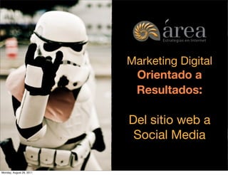 Marketing Digital
                                                         Orientado a
                                                         Resultados:

                                                         Del sitio web a
                                                          Social Media
                          Generamos negocios para tu empresa en internet



Monday, August 29, 2011
 