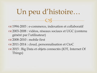 
 1994-2003 : e-commerce, indexation et collaboratif
 2003-2008 : vidéos, réseaux sociaux et UGC (contenu
généré par l’utilisateur)
 2008-2010 : mobile first
 2011-2014 : cloud, personnalisation et CtoC
 2015 : Big Data et objets connectés (IOT, Internet Of
Things)
Un peu d’histoire…
 